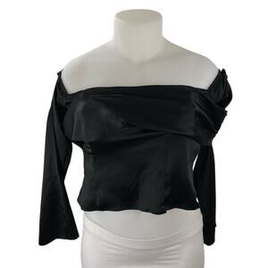 Reformation Niri Silk Satin Draped Off Shoulder Long Sleeve Crop Blouse Top 10